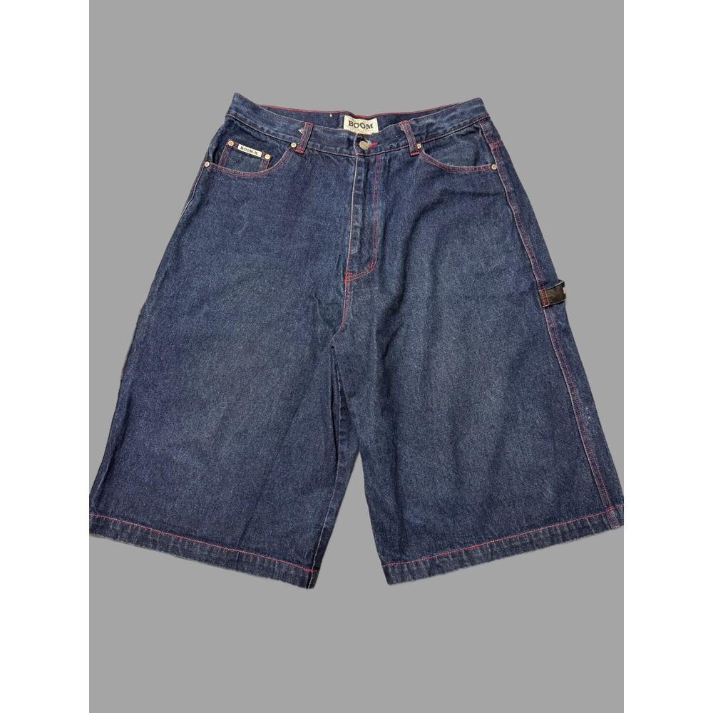 Y2K Boom X Red Outlined Hip Hop Jean Shorts Size 38